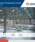 Spacious warehouse with Compact Pro Round LED High Bay Light For Garages And Warehouses, showing 4000K/5000K color temperature.