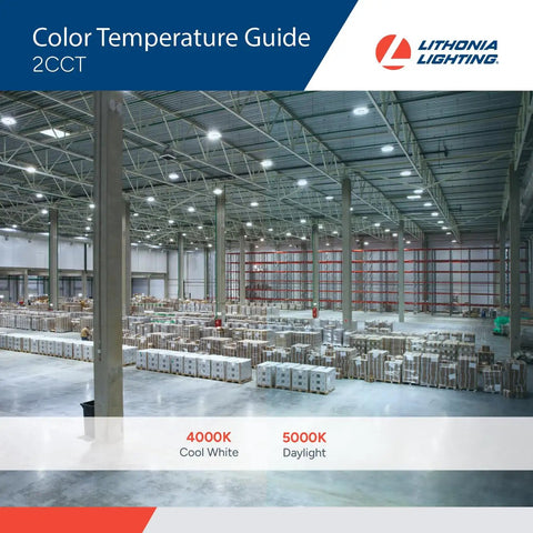 Spacious warehouse with Compact Pro Round LED High Bay Light For Garages And Warehouses, showing 4000K/5000K color temperature.