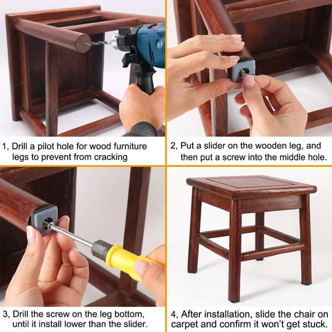 Teflon Furniture Sliders 20 Piece Set 1 Inch Square Glides For Carpet And Hardwood Floors Heavy Duty Scratch Resistant Chair Pads Super Smooth Glide Move In A Breeze installation steps on a wooden chair.