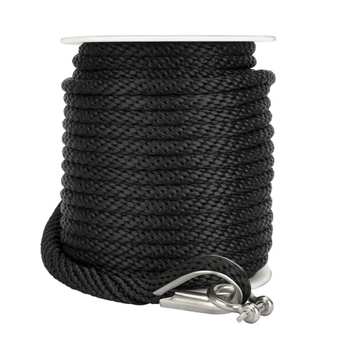 Three Eighth Inch Premium Solid Braid MFP Anchor Line With Stainless Steel Thimble And Shackle 100 Foot Black on spool