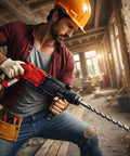Man using Heavy Duty Corded Rotary Hammer With Multi Speed Settings And Four Mode Switching For Masonry Drilling.