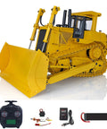 Scale 1 To 14 DXR2 Metal RC Hydraulic Bulldozer With Realistic Sound, remote control, and accessories displayed