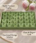 Top Shelf Velvet Jewelry Tray With 24 Individual Sections For Pendants Folded Chains And Stud Earrings Soft Touch Holder on display with gold pendants.
