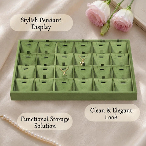 Top Shelf Velvet Jewelry Tray With 24 Individual Sections For Pendants Folded Chains And Stud Earrings Soft Touch Holder on display with gold pendants.