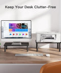 Dual Monitor Desk Stand With Height Adjustable Riser Laptop And Monitor Stand For Two Screens 14.5 By 9.1 Platform Under Desk Storage Black Two Pack Ergonomic Setup with a monitor and printer on a wooden desk.