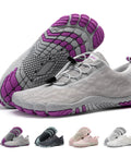 Wide Toe Barefoot Water Shoes For Women Slip On Quick Dry Lightweight Footwear For Walking Hiking Swimming And Water Aerobics With Rapid Dry Knit Upper And Sock Like Fit In Light Gray Purple Size Eight Point Five US displayed with sole detail