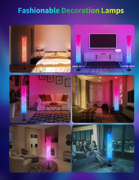 RGB Color Changing LED Floor Lamp Smart Light with Alexa and Google App Control in various home settings for vibrant ambiance.