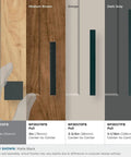 Image showing Square Matte Black Cabinet Knobs About An Inch And A Quarter Wide for kitchen cabinets alongside various wood finishes.