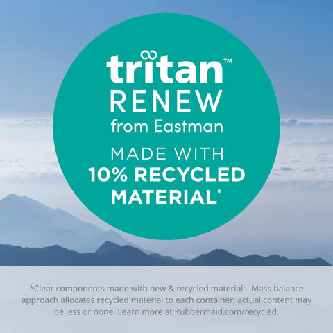 Tritan Renew from Eastman made with 10% recycled material, showcasing eco-friendly food storage materials against a blue sky.