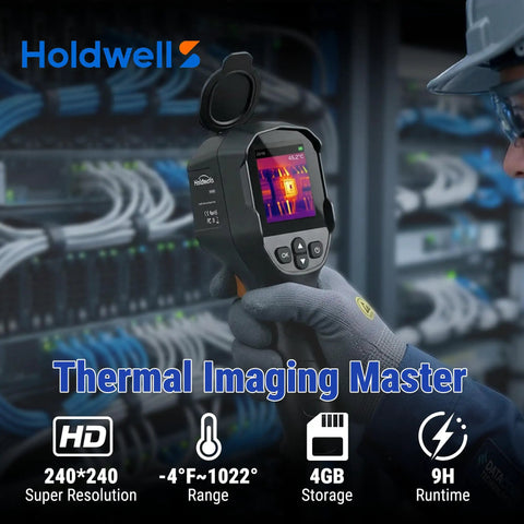 Thermal Imaging Camera With 240x240 Super Resolution From 96x96 IR, 25Hz Refresh, AI Sharpening, -4F To 1022F Temperature Range, IP54 Weatherproof, 6 Color Palettes, 2000mAh Battery For Real Heat Scans. Handheld unit in gloved hand.