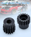 Beefed Up 32P Pinion Gear Set For RC Cars 15T with 5mm bore, metal construction, shown with racing car background for RC performance.