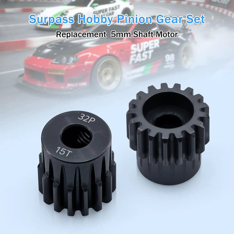 Beefed Up 32P Pinion Gear Set For RC Cars 15T with 5mm bore, metal construction, shown with racing car background for RC performance.