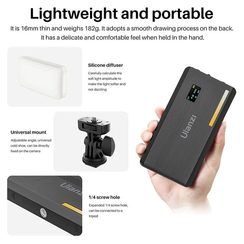 Hand holding VL200 Bi Color LED Video Light On Camera Fill Light With 200 LEDs showing silicone diffuser and universal mount features