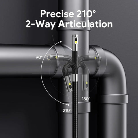 Dual Lens Articulating Borescope Endoscope With Light 5 Foot Reach 1080P HD Camera With Split Screen View And IPS Display showing 210° 2-way articulation