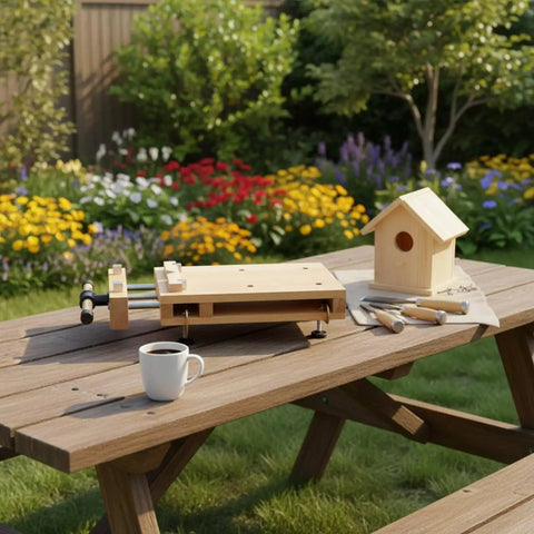Solid Beech Wood Portable Workbench Vise And Bench Clamp Tool For DIY Pros on a garden table with flowers.