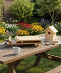 Portable Workbench Vise Made From Sturdy Beech Wood G Clamp Mount with tools on a picnic table in a garden setting.