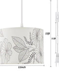 Plug In Pendant Light With 15 Ft Adjustable Hanging Lamp Cord And Toggle Switch, Floral Fabric Shade, Tri Color Led Bulbs, showing dimensions 8x11 inches.