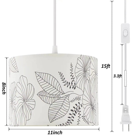 Plug In Pendant Light With 15 Ft Adjustable Hanging Lamp Cord And Toggle Switch, Floral Fabric Shade, Tri Color Led Bulbs, showing dimensions 8x11 inches.
