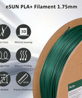 PLA Plus 1.75mm Filament For 3D Printers 1kg Cardboard Spool Pine Green with icons for features and benefits