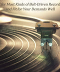 Close-up of a turntable needle on a record, promoting a turntable belt kit for belt-driven record players replacement belts.