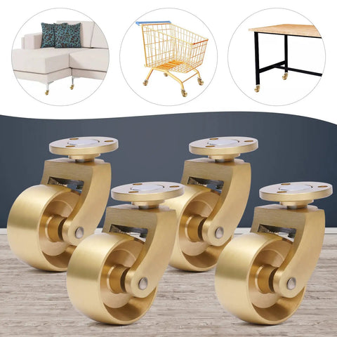 Four Pack Vintage Solid Brass Swivel Caster Wheels Built Tough Heavy Duty Ball Bearing Furniture Casters With Mounting Plates on wooden surface.