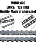 420 motorcycle chain, alloy steel, 132 links; collage showing full chain and close-up views