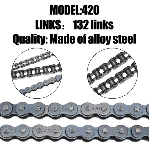 420 motorcycle chain, alloy steel, 132 links; collage showing full chain and close-up views