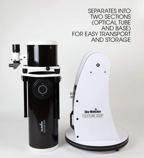 Flextube 200 Dobsonian 8 Inch Collapsible Telescope shown disassembled into optical tube and base for easy transport and storage.