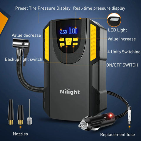 Digital Tire Inflator Portable Air Compressor Pump Tough Guy Workhorse with LED light and pressure display features.
