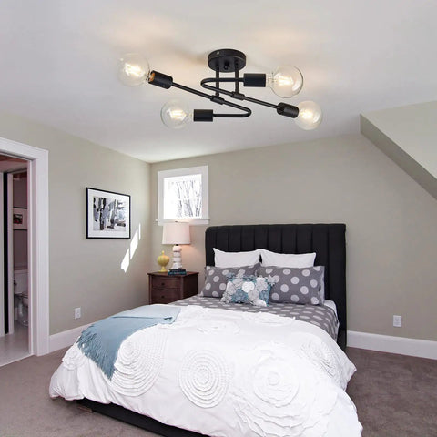 4 Light Black Semi Flush Mount Sputnik Ceiling Light Fixture Dope Matte Metal Farmhouse Chandelier installed in bedroom.