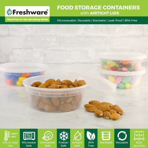 50 Piece 8 Oz Deli Containers With Lids For Meal Prep, Leakproof And Stackable Storage Boxes, BPA Free, displayed with almonds.