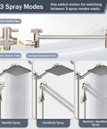 Brushed Nickel Rain Shower Head With Handheld Shower Head, 10 Inch High Pressure Combo, showing 3 spray modes and extension arm.