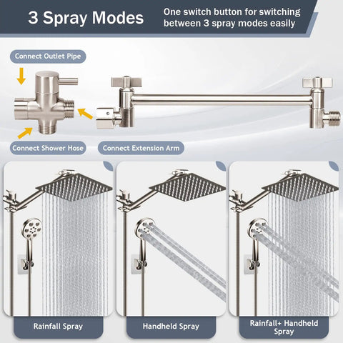 Brushed Nickel Rain Shower Head With Handheld Shower Head, 10 Inch High Pressure Combo, showing 3 spray modes and extension arm.