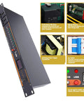 Heavy Duty 10 Outlet Power Sequencer Conditioner With Bright Digital Display and interface details for surge protection.