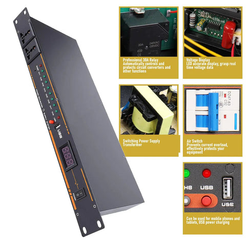 Heavy Duty 10 Outlet Power Sequencer Conditioner With Bright Digital Display and interface details for surge protection.