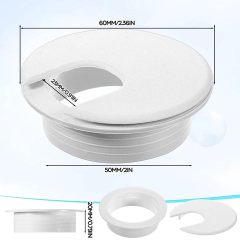 25 Pack 2 Inch Desk Grommets For Dial In Cable Management Sturdy Plastic Cord Hole Covers front view dimensions 60mm 50mm white design