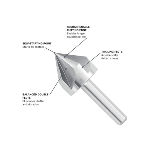 Boss Level 3/4 Inch High Speed Steel Countersink Drill Bit With Self Starting Tip showing cutting edge and flutes for precise deburring.