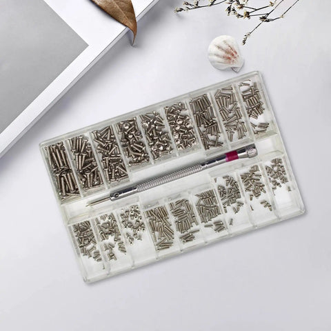 Straight Legit Micro Screws Set Mini Stainless Steel Hardware Assortment Includes Precision Screwdriver in clear storage case.