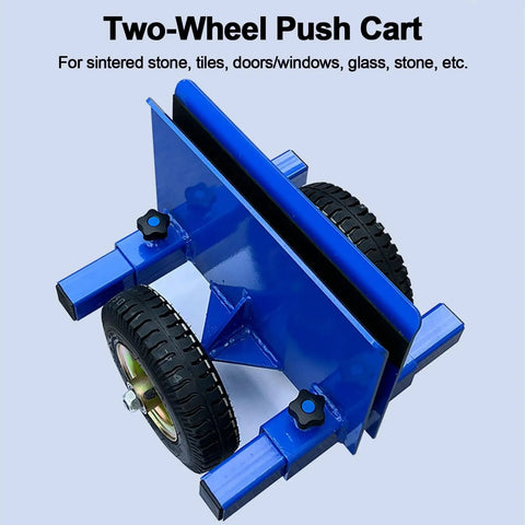 Two Wheel Panel Handling Cart For Drywall And Sheet Material, Heavy Duty Dolly With Soft Rubber Padding, edge view, blue steel frame