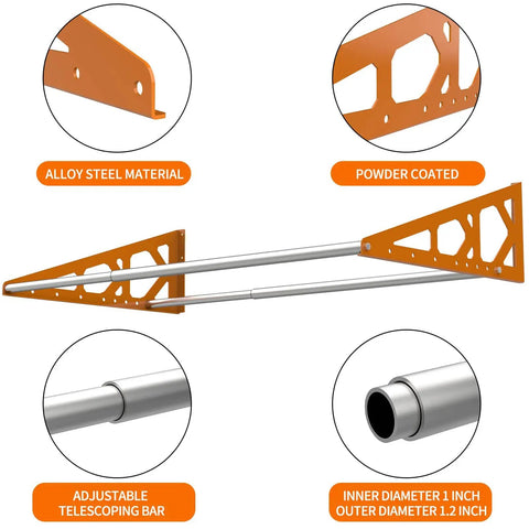 Wall Mount Tire Rack With Adjustable 31 To 56 Inch Range, Heavy Duty Steel Telescopic Rods, 400 Pound Capacity, Tire Storage Organizer For Garage, Keeps Tires Off Floor And Ready To Roll, Orange, with detailed view of alloy steel material and adjustable telescopic bars.