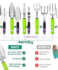 Comparison of All In One 84 Piece Garden Tools Set showing 6 large heavy duty aluminum hand tools with green handles