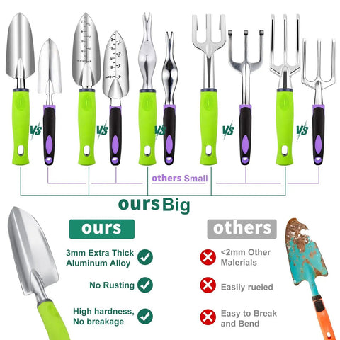 Comparison of All In One 84 Piece Garden Tools Set showing 6 large heavy duty aluminum hand tools with green handles