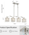 Crystal Chandelier Four Light Linear Raindrop Pendant Ceiling Light With Nickel Finish Ideal For Bedroom Dining Room Bar Or Kitchen Island Includes 59 Inch Rod And E12 Base Bulbs Not Included