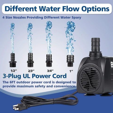 2-Pack 550 GPH Dope Submersible Fountain Pumps Ultra Quiet With 4 Nozzles, power cord, different water flow options