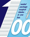 Illustration of 100 sealed dermaplaning scalpel blades with size 4 handle, text mentions surgical blades package in blue and white theme.