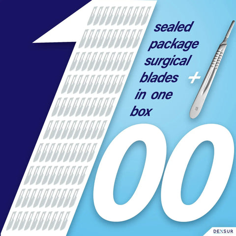 Illustration of 100 sealed dermaplaning scalpel blades with size 4 handle, text mentions surgical blades package in blue and white theme.