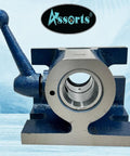 Heavy Duty 5C Collet Holding Fixture With Quick Release Lever Design For Horizontal Or Vertical Machining Setup and Rock Solid Workpiece Clamping Grip Around The Shop Floor, featuring a blue steel frame and 5-inch base.