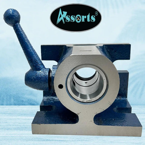 Heavy Duty 5C Collet Holding Fixture With Quick Release Lever Design For Horizontal Or Vertical Machining Setup and Rock Solid Workpiece Clamping Grip Around The Shop Floor, featuring a blue steel frame and 5-inch base.