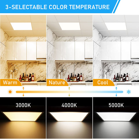 Four Pack 2x2 LED Flat Panel Lights With 3000K 4000K 5000K Color Temp, 40W 5000LM, Triac Dimmer Compatible displayed in room