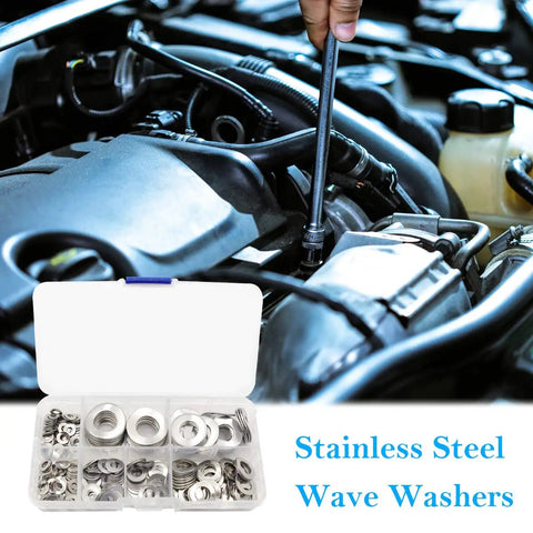 295 Pcs 304 Stainless Steel Spring Wave Washer Set With 7 Sizes M3 M4 M5 M6 M8 M10 M12 For Automotive Home Improvement Machinery And DIY Projects Heavy Duty Fasteners And Gaskets in use